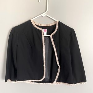 Julie Haus 100% silk black jacket with cream trim. Crop style.